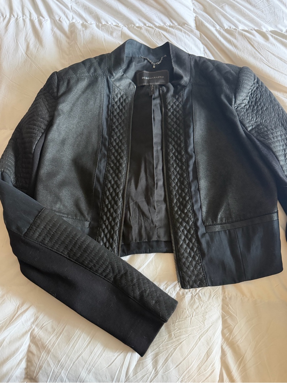 BCBGMaxAzria Black Quilted Cropped Moto Jacket
